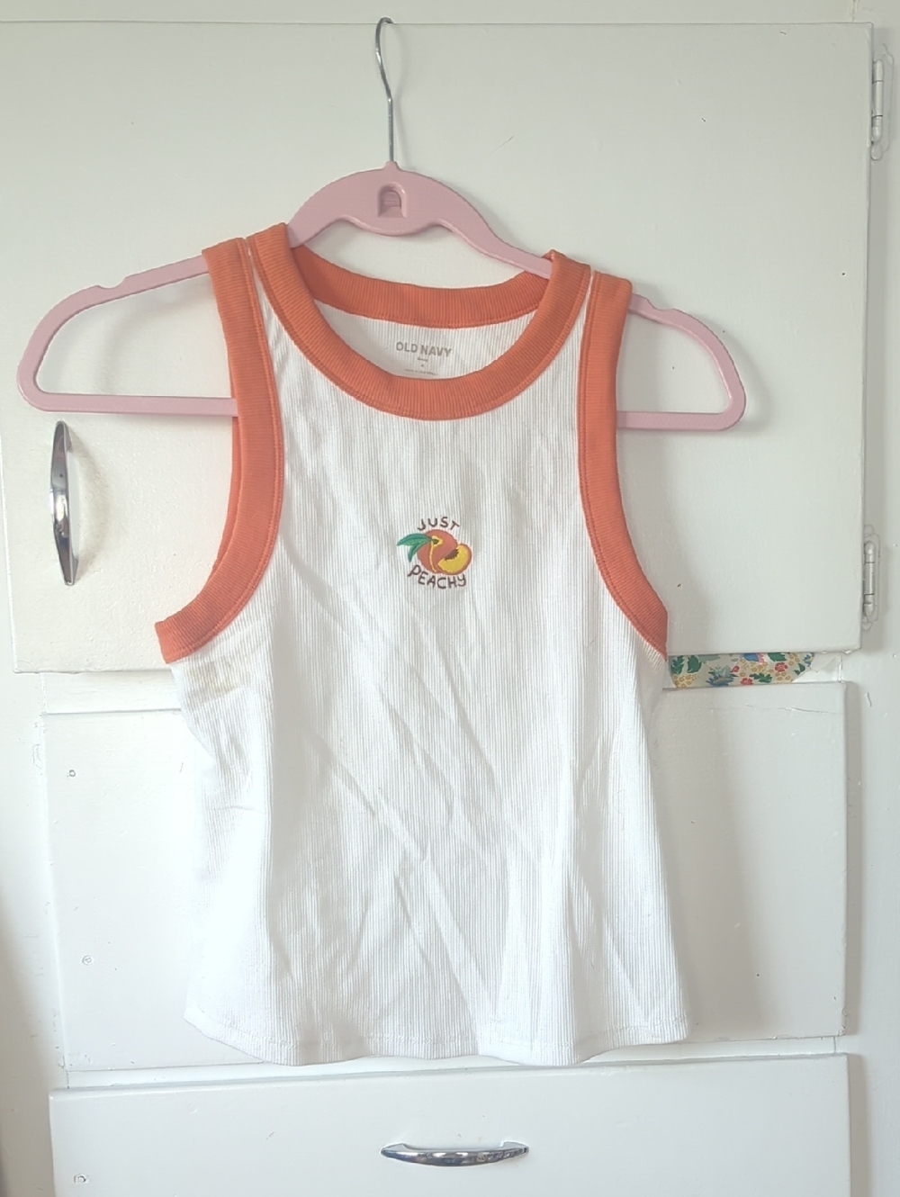 Old Navy White Tank Top with Orange Trim and Peach Graphic